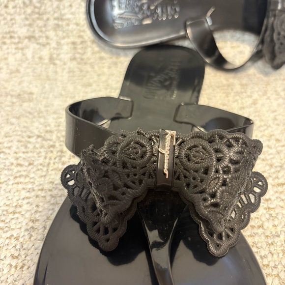 Salvatore Ferragamo Lace Bow Tie, Black Jelly Sandals - Picture 2 of 14